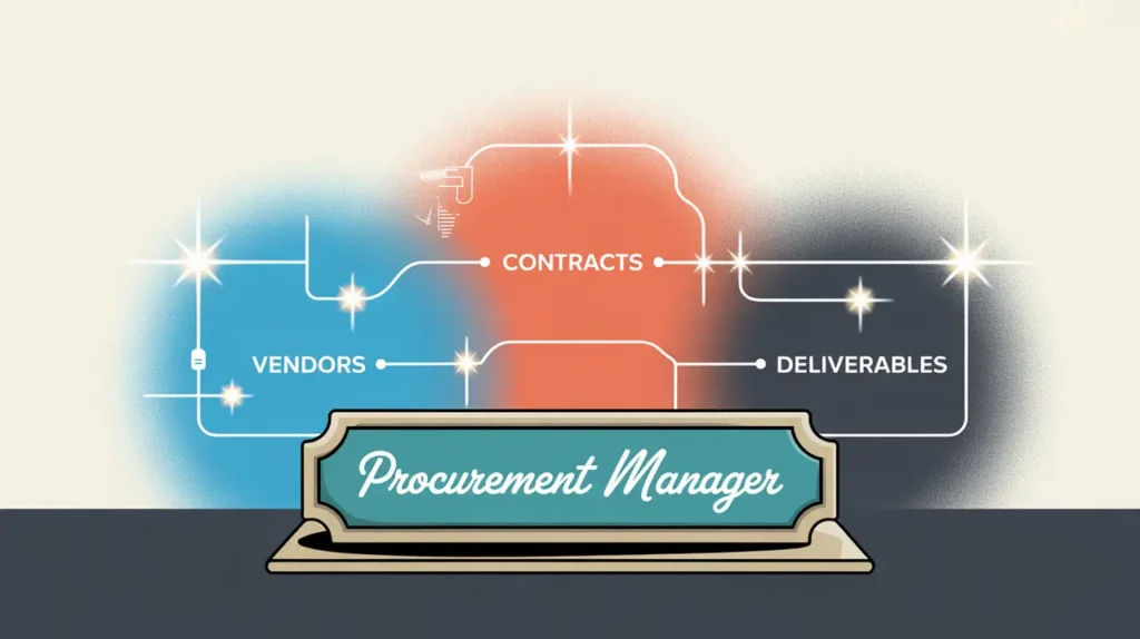 Illustration of procurement manager desk nameplate with vendor and contract network diagram