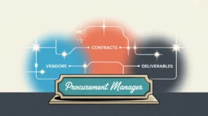 Illustration of procurement manager desk nameplate with vendor and contract network diagram