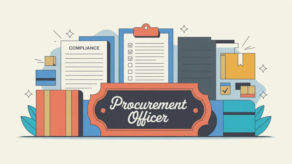 Illustration of procurement officer desk with compliance checklist and delivery icons