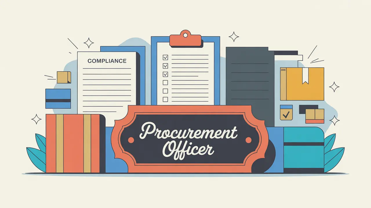 Illustration of procurement officer desk with compliance checklist and delivery icons