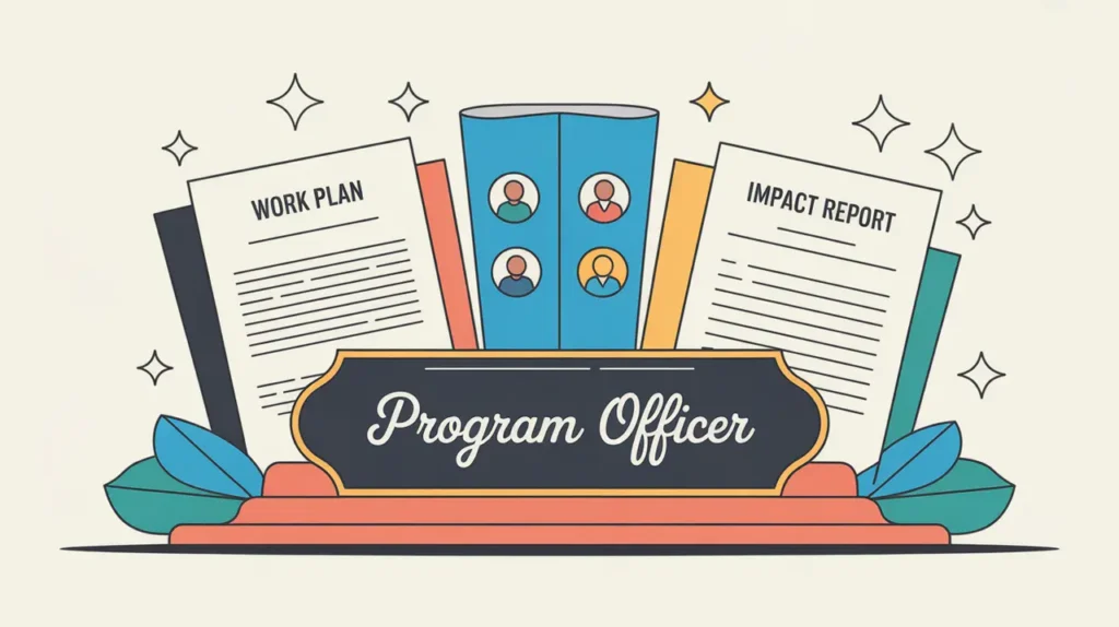 Illustration of a desk nameplate labeled program officer with documents and icons representing coordination and impact