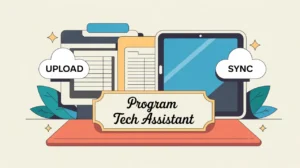 Illustration of desk nameplate with tech tools and cloud icons for program tracking