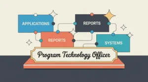 Desk nameplate with program technology officer and data integration dashboard