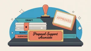 Desk nameplate with proposal support associate and proposal documents