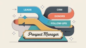 Illustration of prospect manager desk with CRM interface and relationship management flow