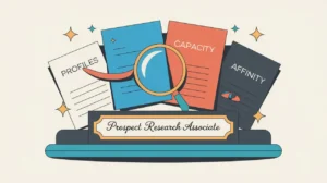 Illustration of prospect research associate desk with magnifying glasses and labeled sheets