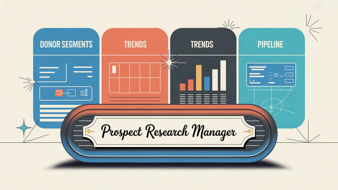 Illustration of prospect research manager desk with strategic data dashboard