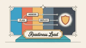 Illustration of readiness lead desk nameplate with systems map and shield icon