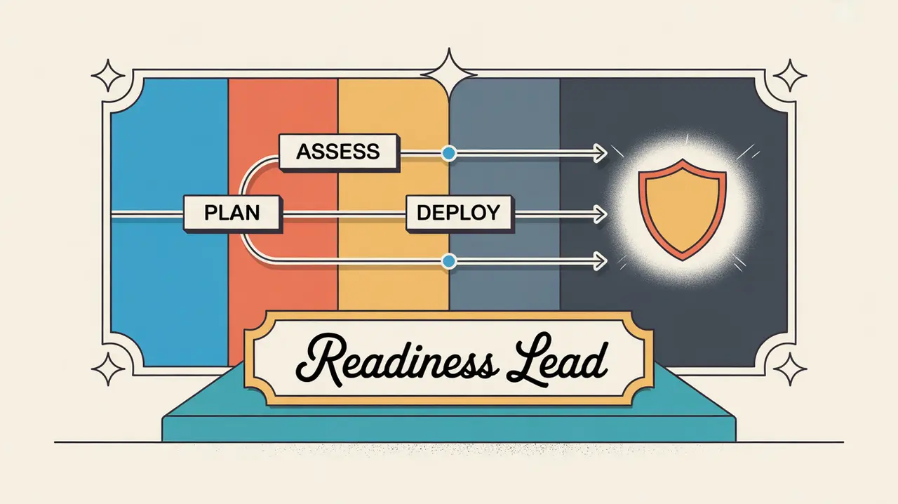 Illustration of readiness lead desk nameplate with systems map and shield icon