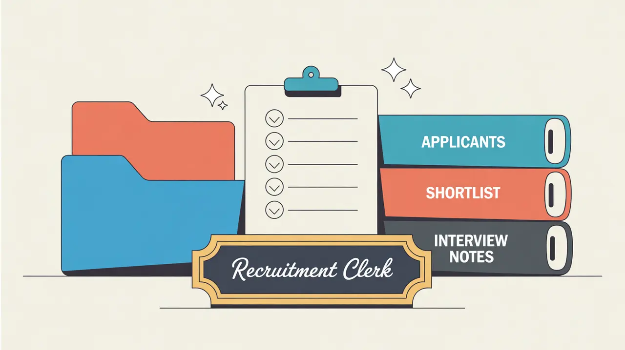 Desk nameplate reading recruitment clerk with organized folders and checklist icon