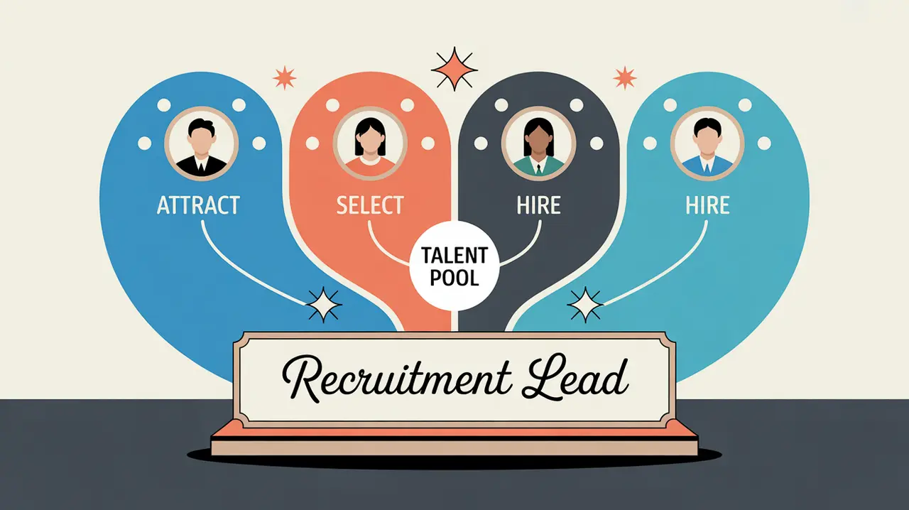 Illustration of recruitment lead desk nameplate with talent pool flow