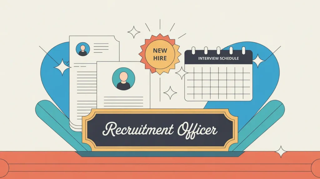 Illustration of recruitment officer desk with digital resumes and interview schedule