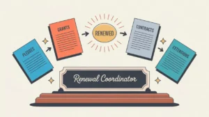 Illustration of renewal coordinator desk nameplate with documents forming renewal loop