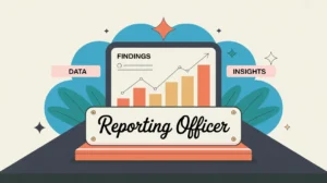 Illustration of reporting officer desk with glowing data dashboard and progress lines