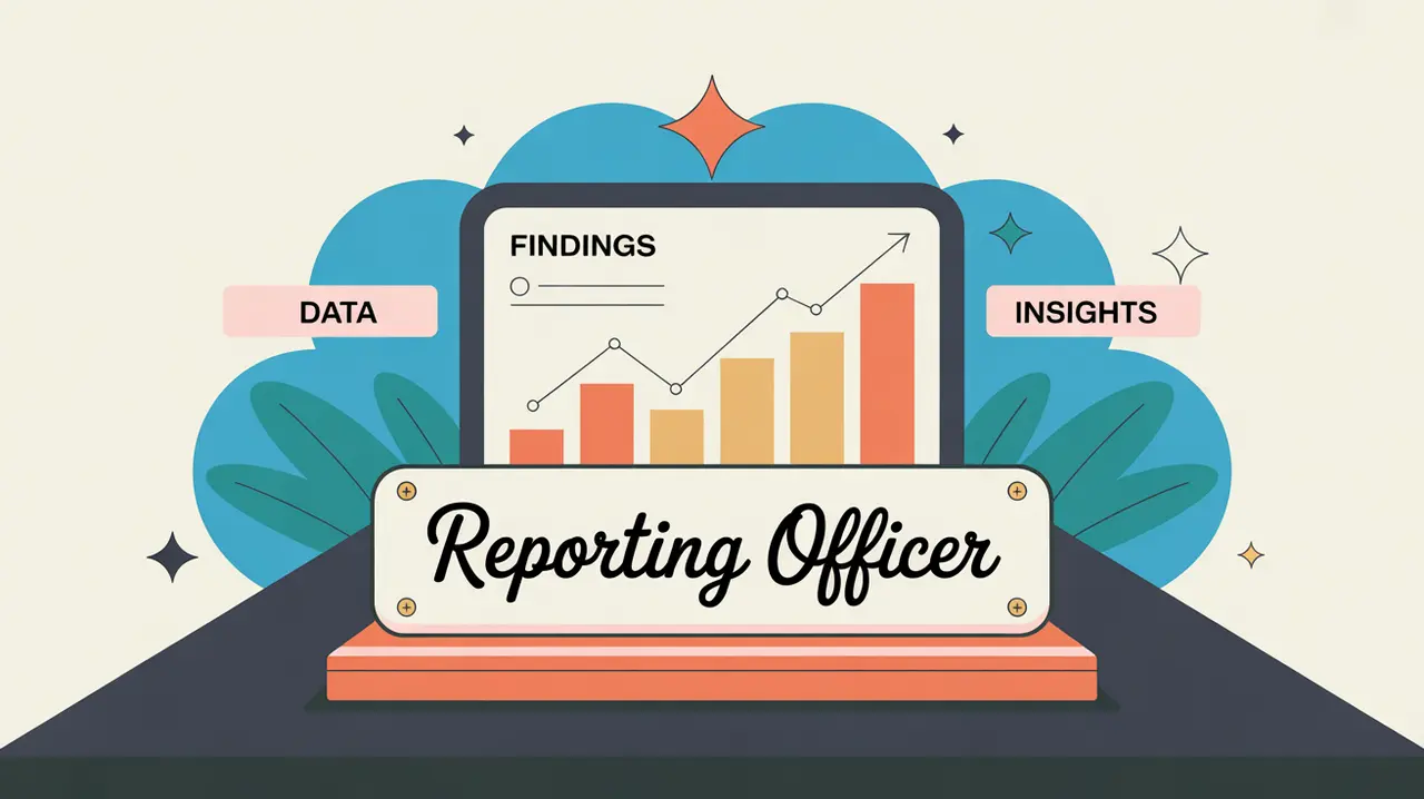 Illustration of reporting officer desk with glowing data dashboard and progress lines