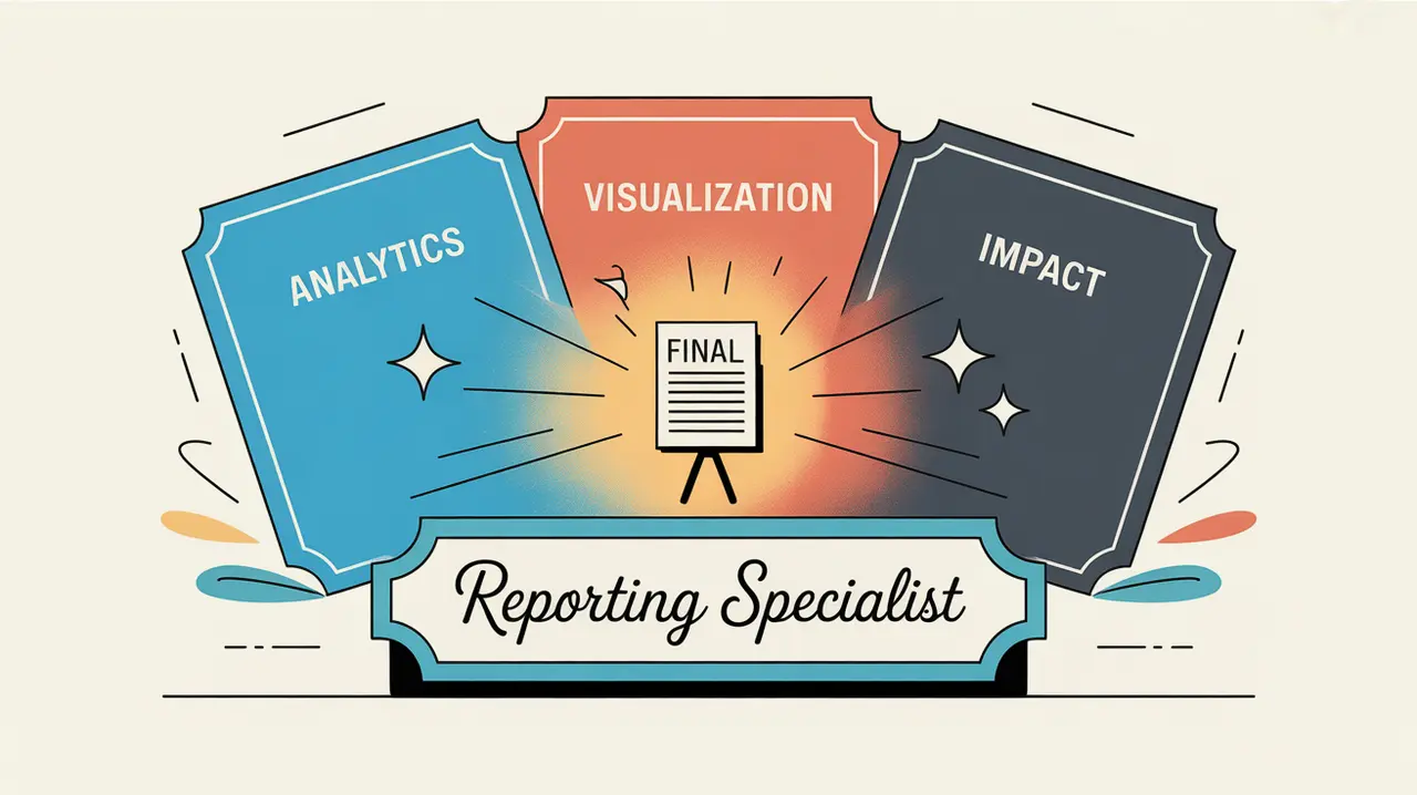 Illustration of reporting specialist desk with analytics and visualization panels