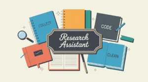 Illustration of research assistant desk with data sheets and magnifying glass icons