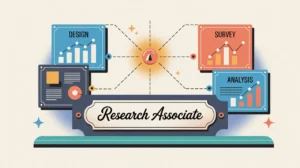 Illustration of research associate desk with graphs and reports