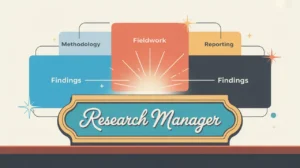 Illustration of research manager desk with analytics dashboard and findings panel