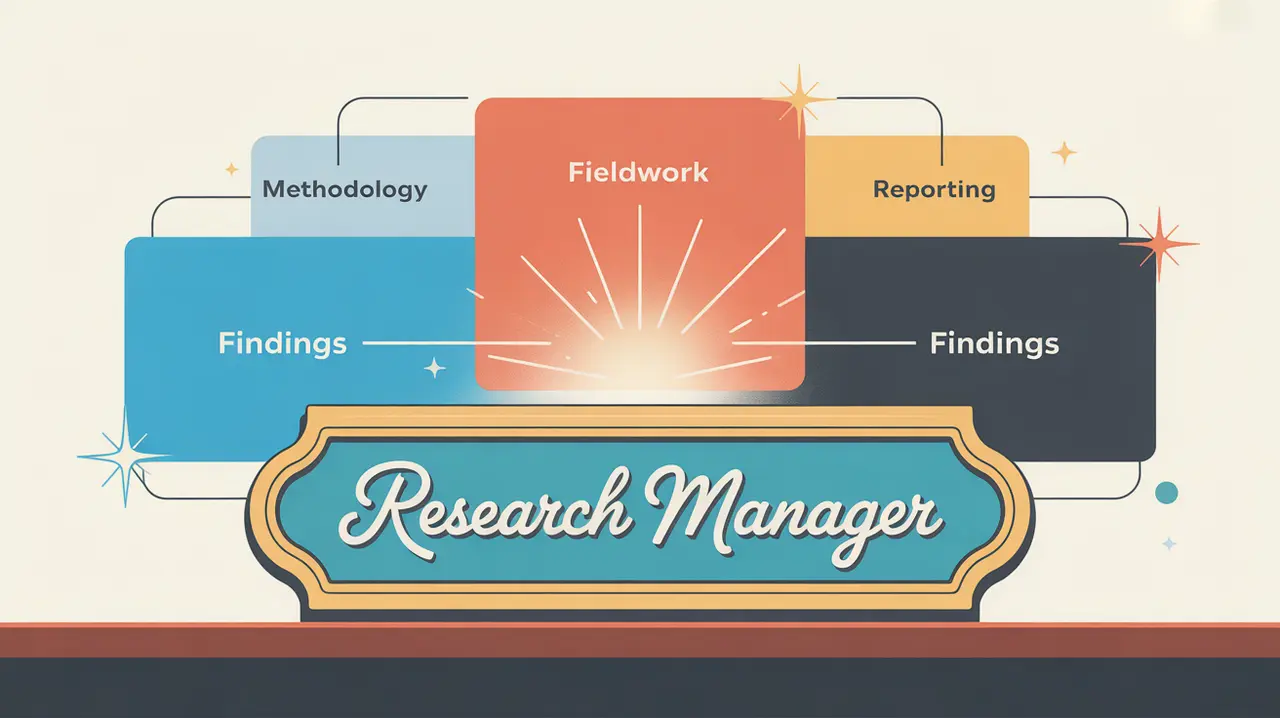 Illustration of research manager desk with analytics dashboard and findings panel