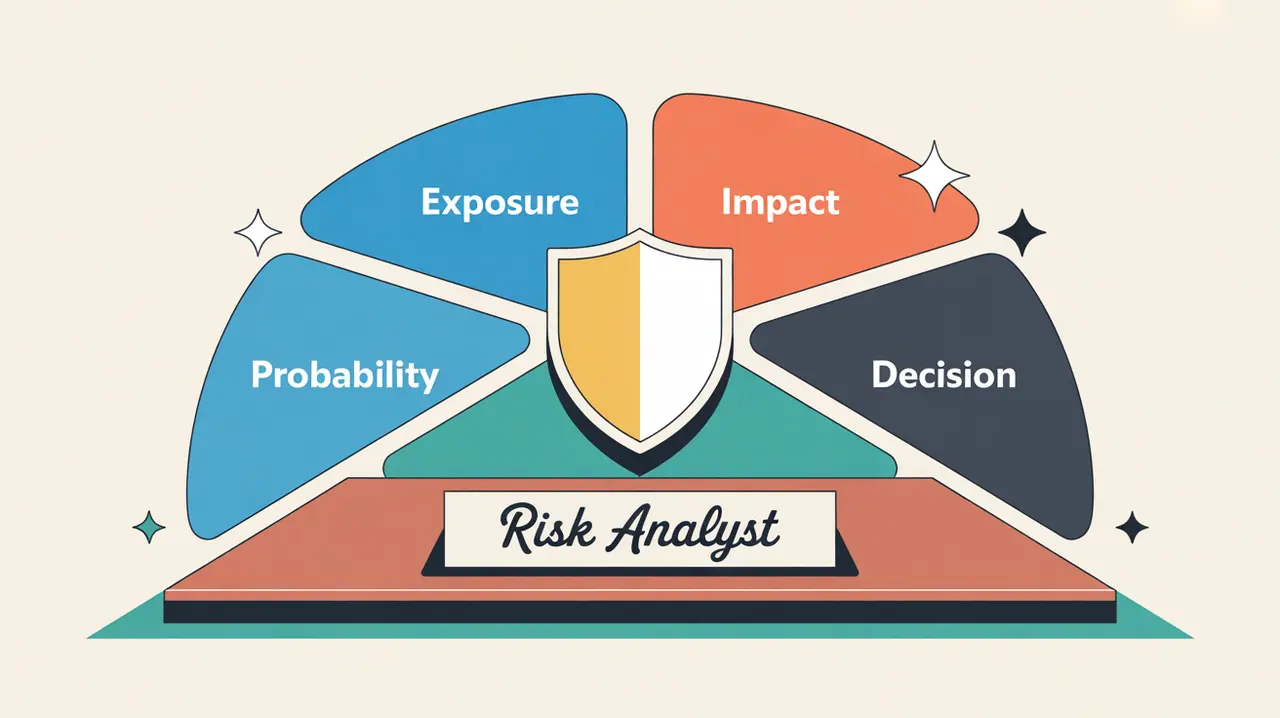 Illustration of risk analyst desk with graphs and protective shield icon