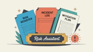 Desk nameplate reading risk assistant with risk management documents and alert icon
