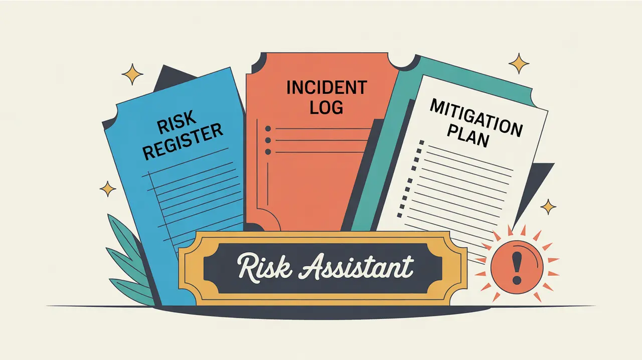 Desk nameplate reading risk assistant with risk management documents and alert icon