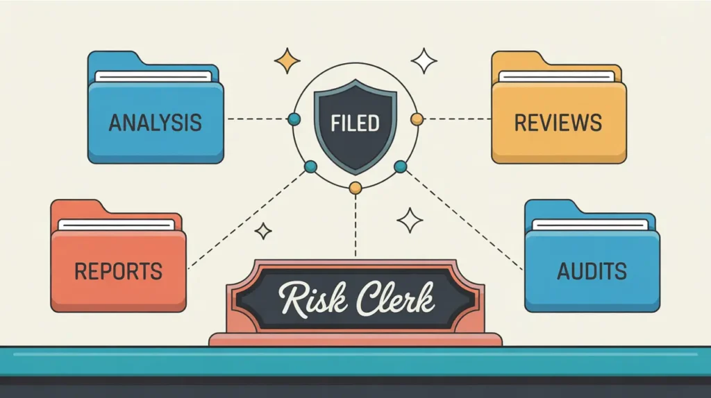 Illustration of a risk clerk desk with folders and shield icon