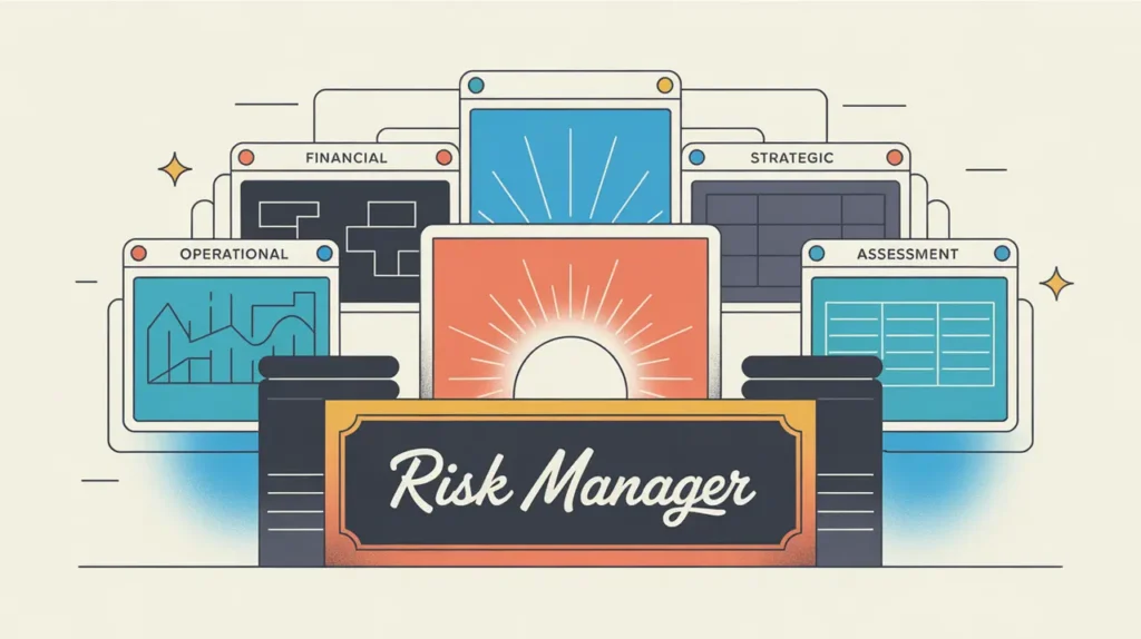 Illustration of risk manager desk with dashboards and assessment hub