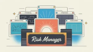 Illustration of risk manager desk with dashboards and assessment hub