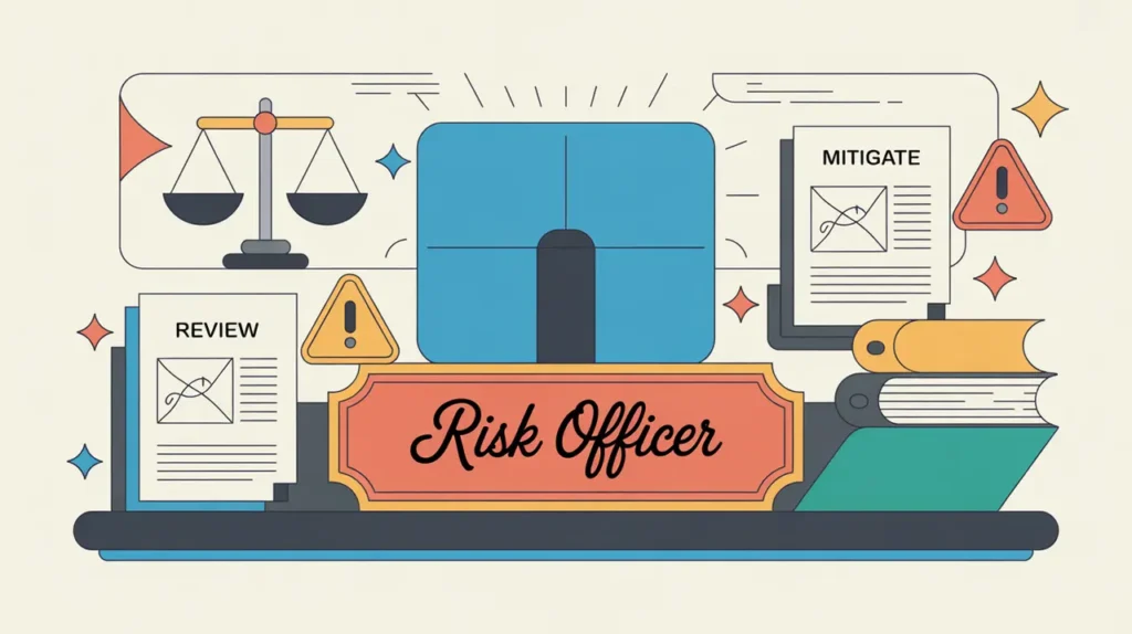 Illustration of risk officer desk nameplate with balance icons and reports