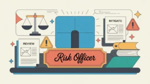 Illustration of risk officer desk nameplate with balance icons and reports