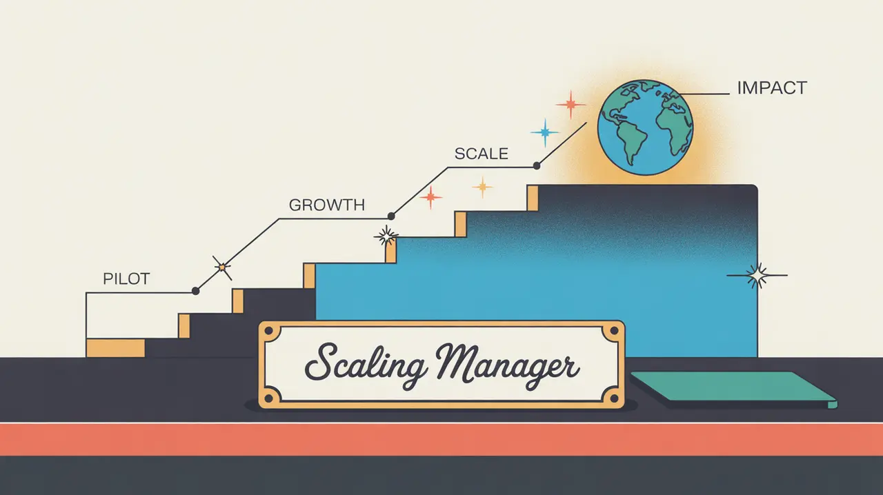 Desk nameplate scaling manager with staircase diagram and glowing globe impact