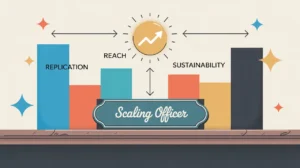 Desk nameplate reading scaling officer with charts and progress icons