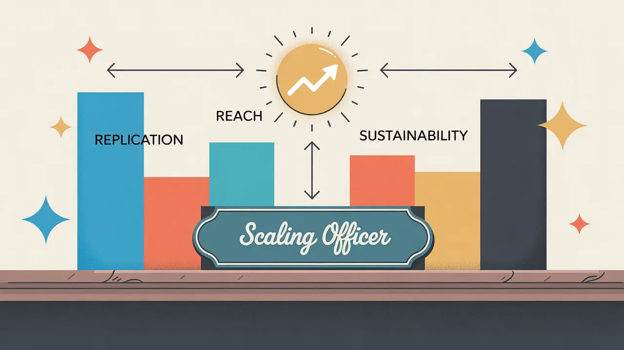 Desk nameplate reading scaling officer with charts and progress icons