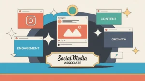 Illustration of social media associate desk with platform icons and content screens
