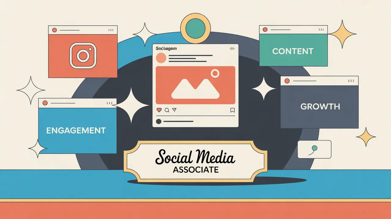 Illustration of social media associate desk with platform icons and content screens