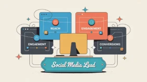 Illustration of social media lead desk with analytics screens and platform icons
