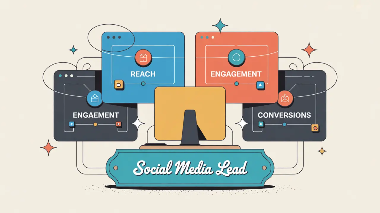 Illustration of social media lead desk with analytics screens and platform icons