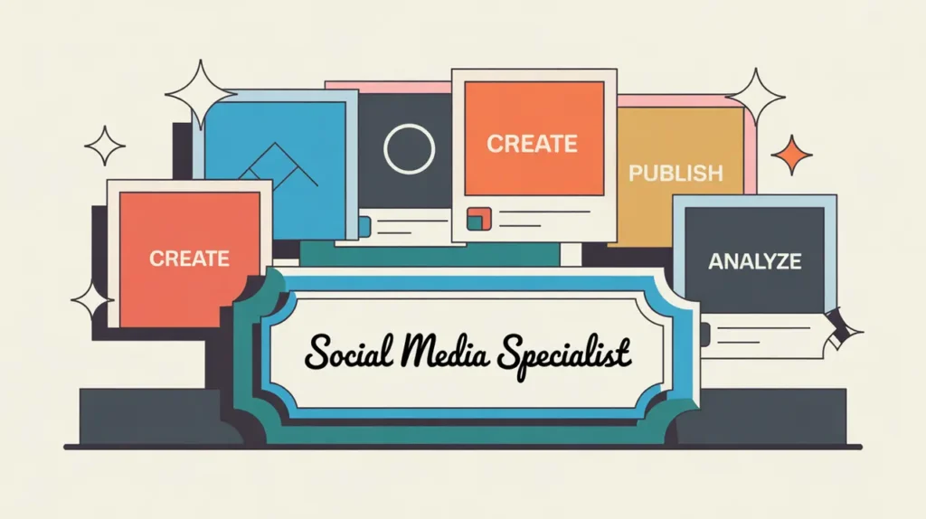 Illustration of social media specialist desk with content cards and scheduling tools