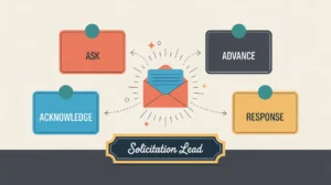 Desk nameplate reading solicitation lead with donor correspondence cards and glowing envelope