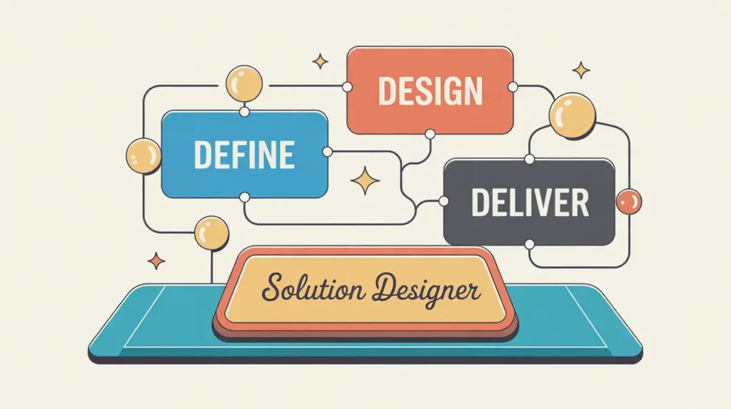 Illustration of solution designer desk nameplate with flow diagrams and glowing nodes
