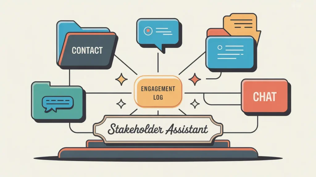 Desk nameplate labeled stakeholder assistant with contact folders and meeting notes