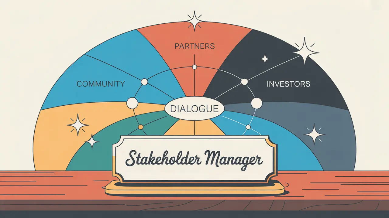 Illustration of stakeholder network map with dialogue hub and nameplate