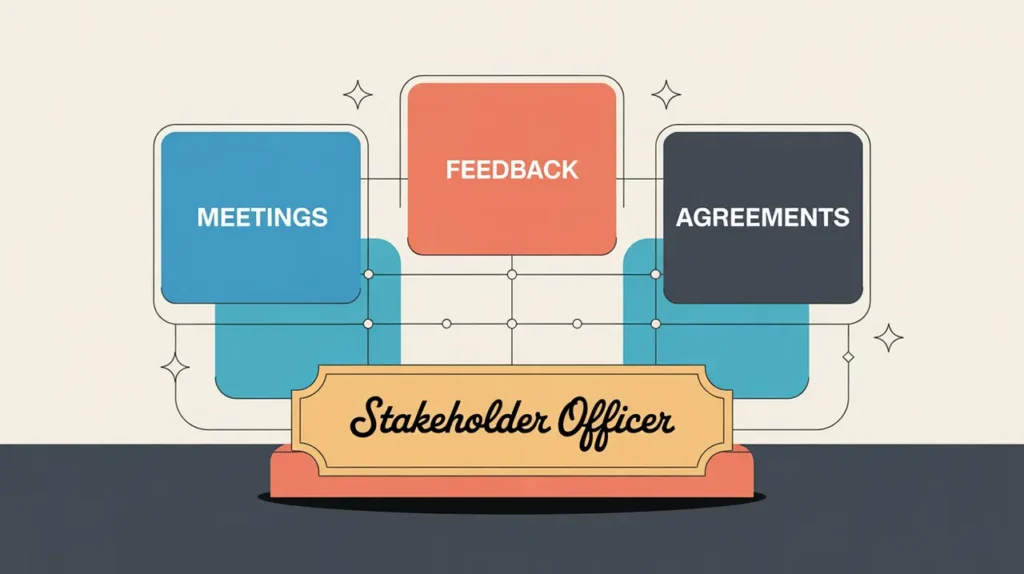 Desk nameplate reading stakeholder officer with digital panels for meetings feedback agreements