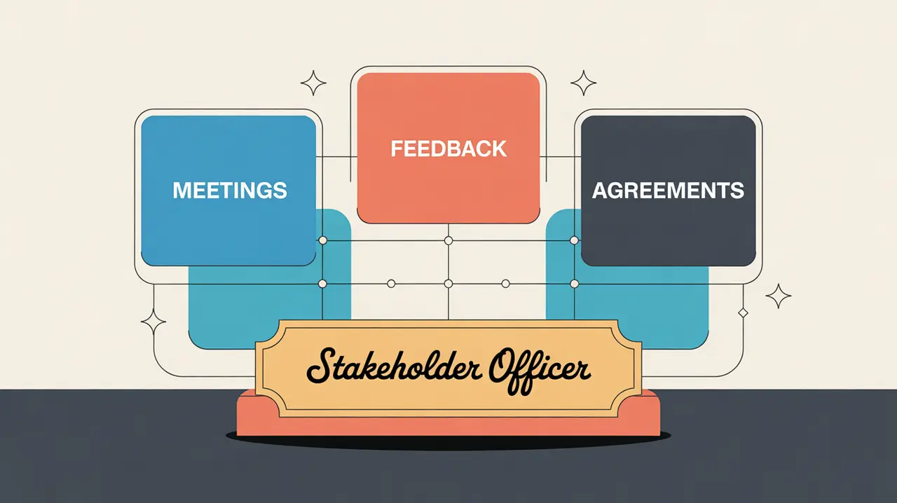Desk nameplate reading stakeholder officer with digital panels for meetings feedback agreements