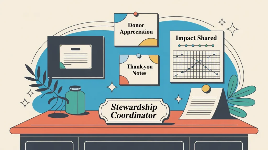 Desk nameplate stewardship coordinator with donor appreciation notes and impact charts