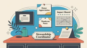 Desk nameplate stewardship coordinator with donor appreciation notes and impact charts