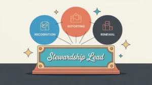 Illustration of stewardship lead desk nameplate with relationship growth icons