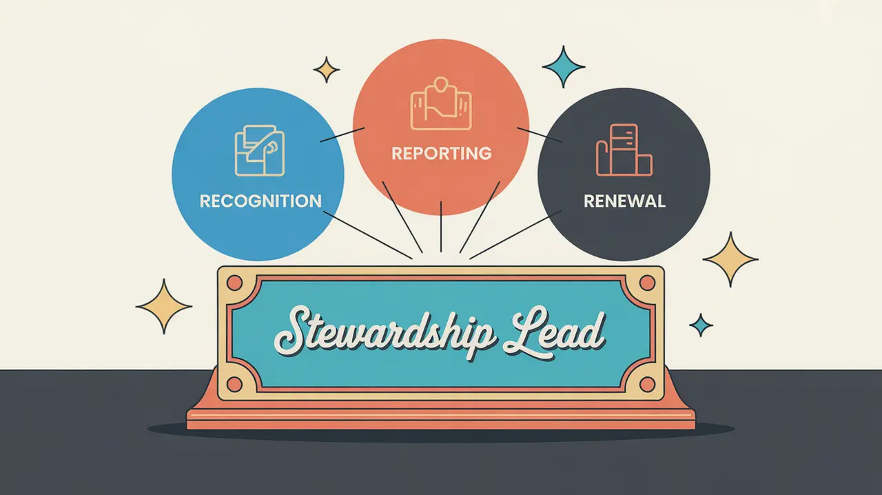 Illustration of stewardship lead desk nameplate with relationship growth icons